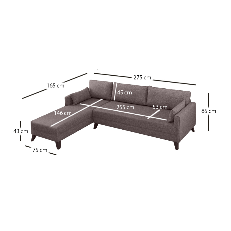 Bella Megapap fabric left corner sofa in brown color 275x165x85cm.