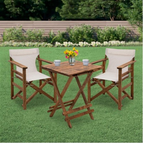 Garden dining set Queen Megapap wooden table 60x60cm. - walnut director's chair - off-white cloth