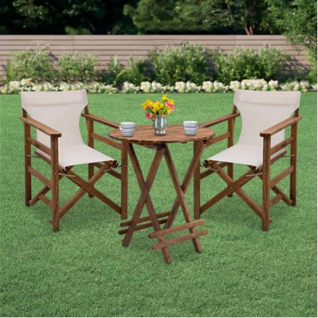 Garden dining set Queen Megapap wooden table Ø60cm. - walnut director's chair - off-white cloth