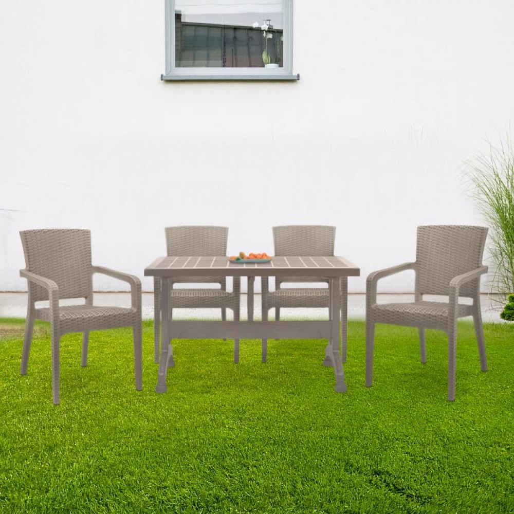Σετ τραπεζαρία κήπου Callan Megapap 5τμχ πολυπροπυλενίου τραπέζι 140x70 - πολυθρόνα recycled χρώμα cappuccino S_GP046-0003,2+GP046-0001,3x4