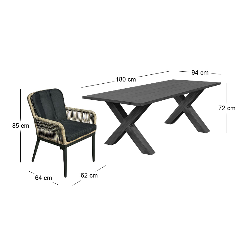 ALLEY Set Alu Table 180x94+6 Armchairs Anthracite/Wicker Natural