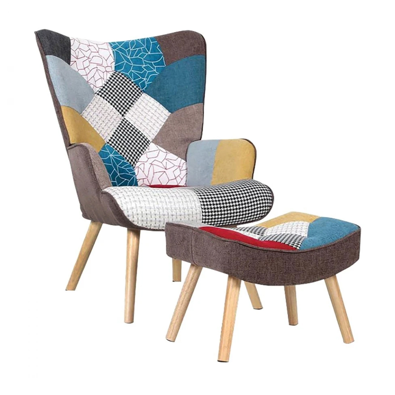 ALMA Set Armchair & Stool Natural / Patchwork Fabric (K/D)