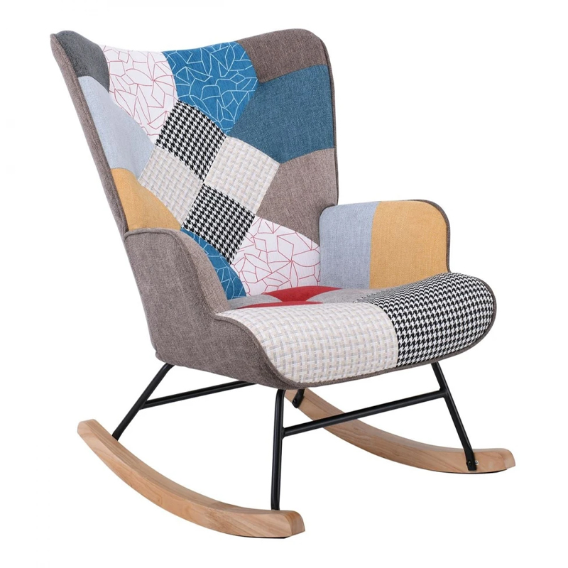 ALMA Rocking Armchair Patchwork Fabric/Black Frame/Natural Base (K/D)