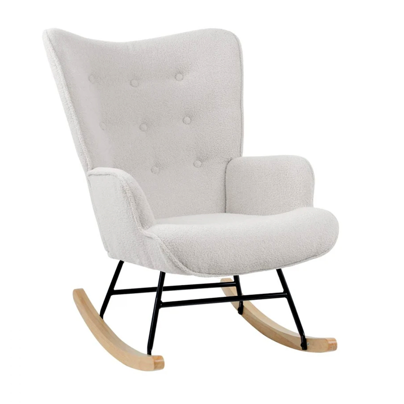 ALMA Rocking Armchair Teddy White Fabric/Black Frame/Natural Base (K/D)
