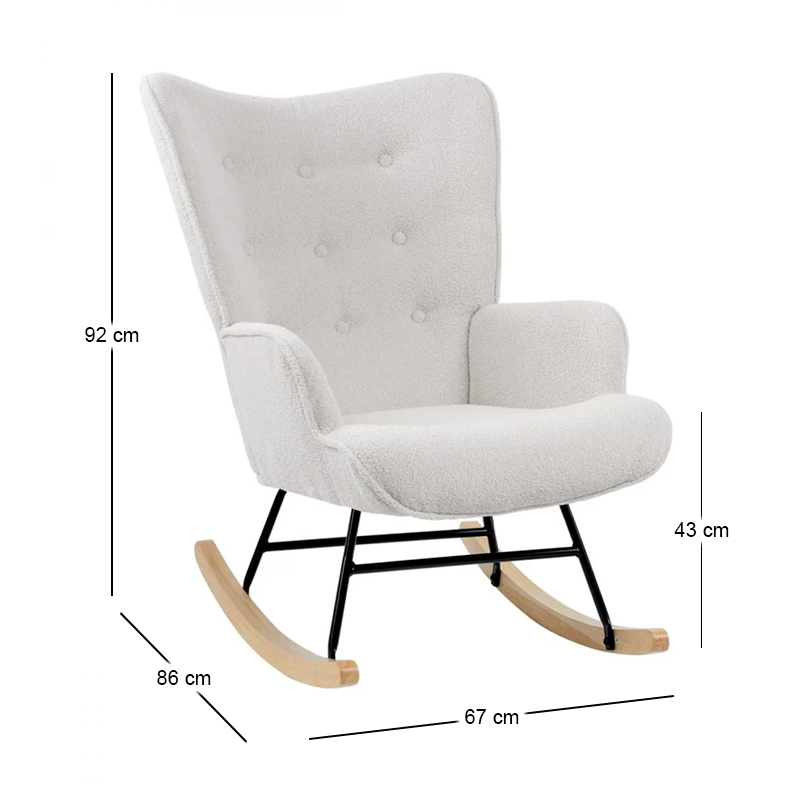 ALMA Rocking Armchair Teddy White Fabric/Black Frame/Natural Base (K/D)