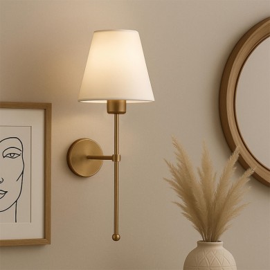 Verma Megapap E27 metal fabric sconce light in gold - cream color 13x13x50cm.