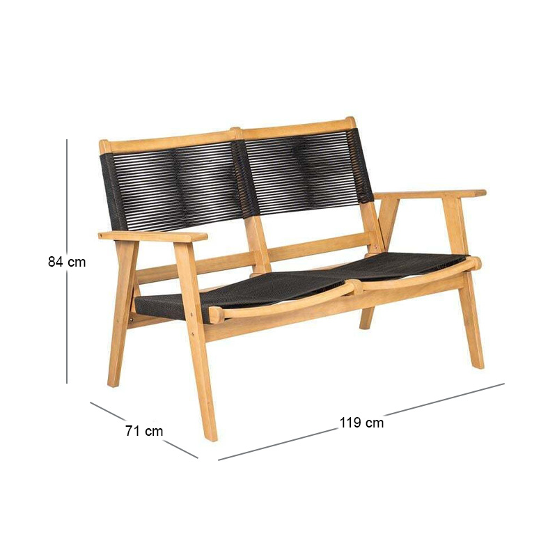 COFFEE Living 2-Seat Bench Acacia Natural, Rope Wicker Black