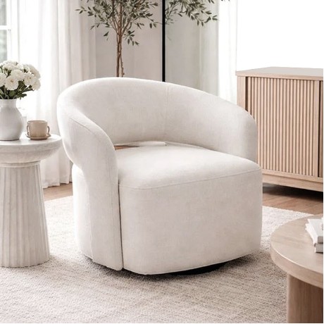 CUBA Revolving Armchair, Teddy White Fabric