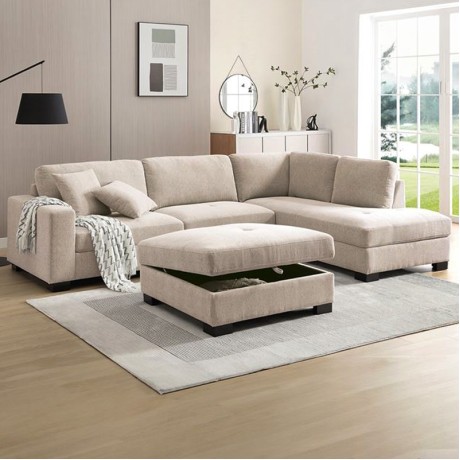 DORNO Right Facing Corner Sofa with Storage Ottoman, Fabric Beige