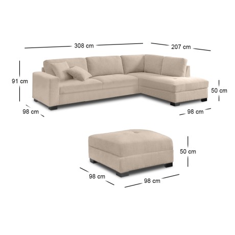 DORNO Right Facing Corner Sofa with Storage Ottoman, Fabric Beige