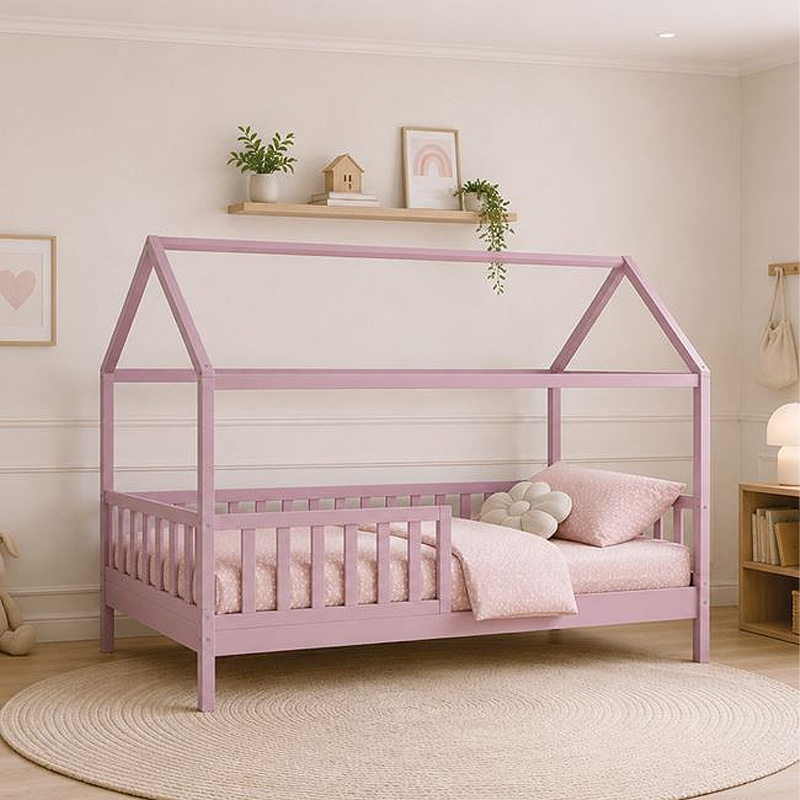 DREAM τ.Montessori Παιδικό Κρεβάτι, για Στρώμα 90x190cm, Ξύλο Πεύκου Απόχρωση Ροζ 197x97x132cm
