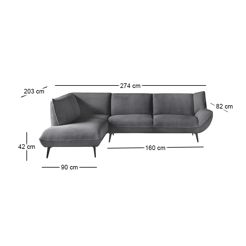 EMERALD Left Facing Corner Sofa Anthracite Corduroy Fabric