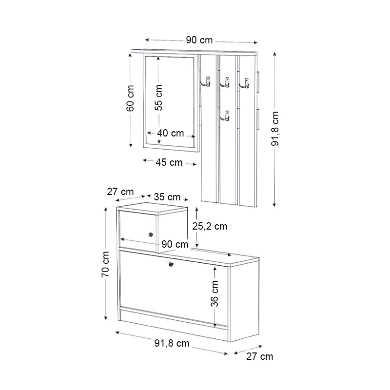 Galina Megapap melamine entrance furniture in sapphire oak - white color 91,8x27x70cm.