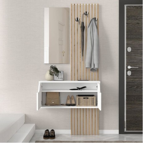 Naro Megapap melamine coat stand in white - sepet oak color 90x35x204.2cm.