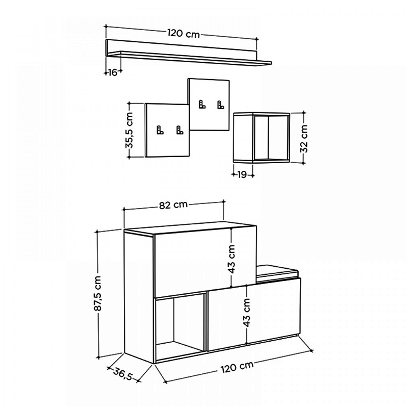 Holdon Megapap melamine entrance furniture in oak-anthracite color 120x36,5x87,5cm.