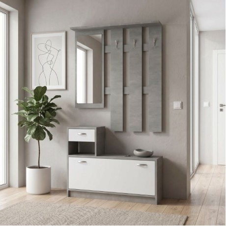 Raynold Megapap melamine entrance furniture in concrete grey - white color 100x30x180cm.