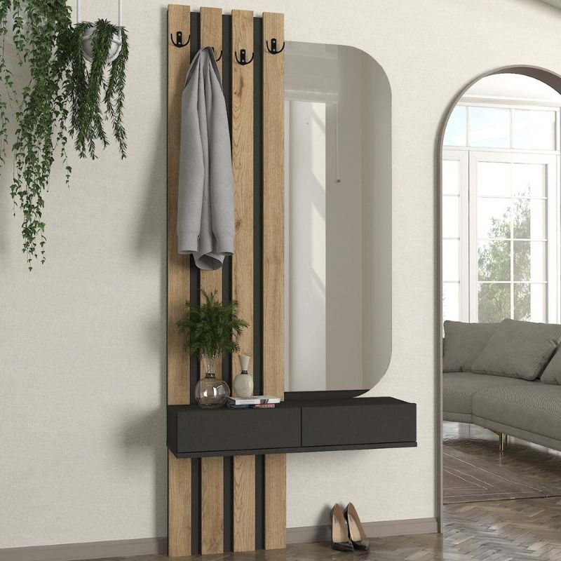 Reyas Megapap melamine coat stand in anthracite - sepet oak color 90x27x205.6cm.
