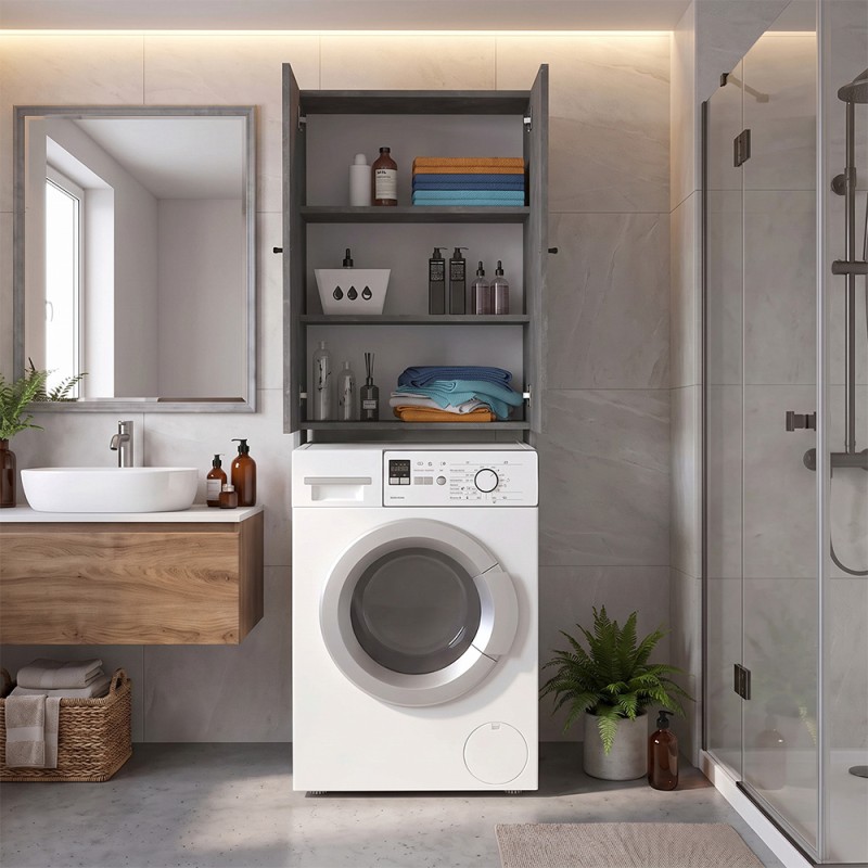 Romme Megapap melamine laundry machine cabinet in concrete grey color 65x27,1x180cm.