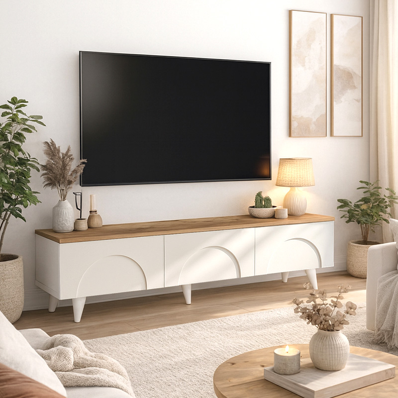 Bono Megapap melamine tv stand in white - sepet oak color 150x32.3x42.1cm.