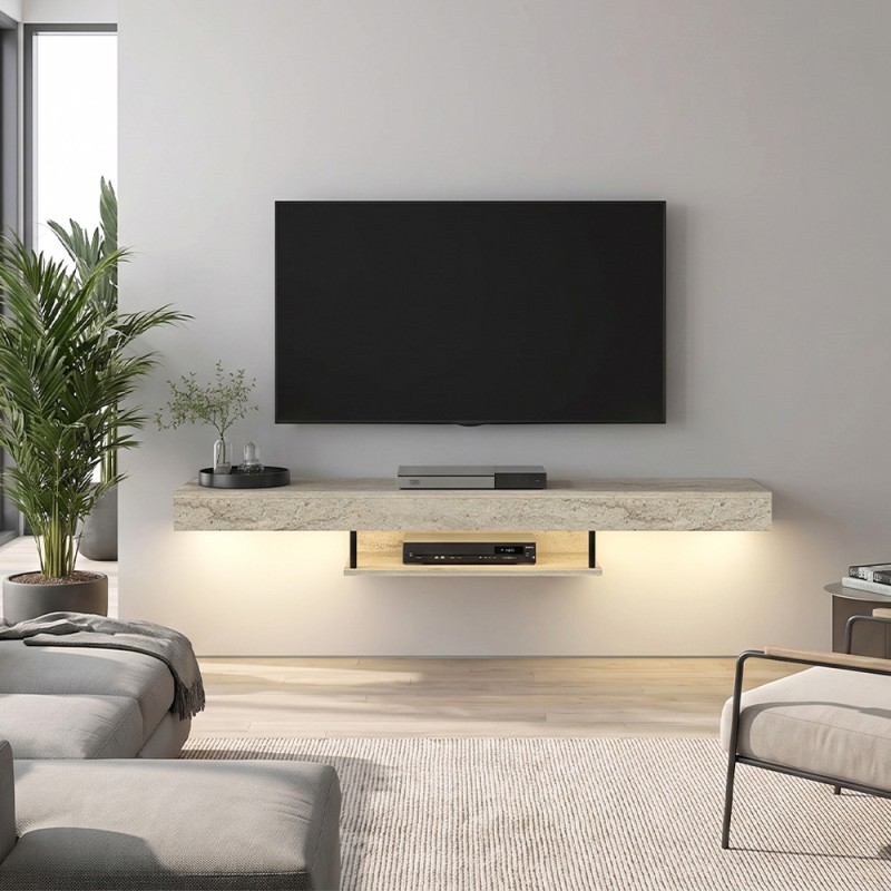 Έπιπλο τηλεόρασης επιτοίχιο Albares Megapap με LED χρώμα travertine 150x29,6x22εκ.