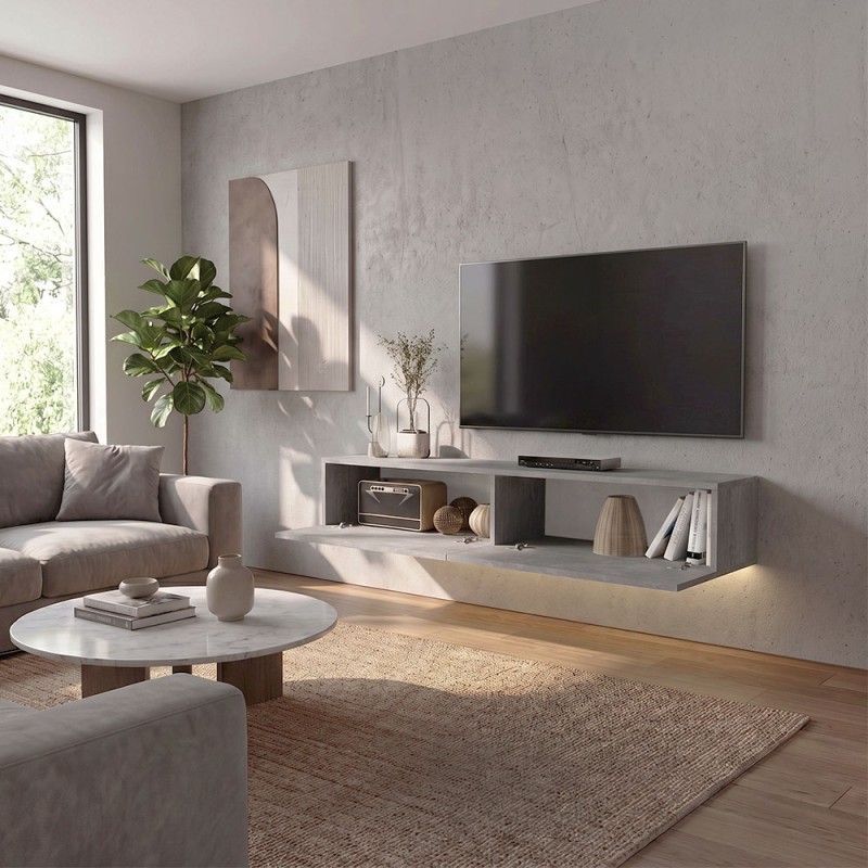 Aristo Megapap melamine wall TV cabinet with LED lighting in concrete grey color 135x31.6x25cm.