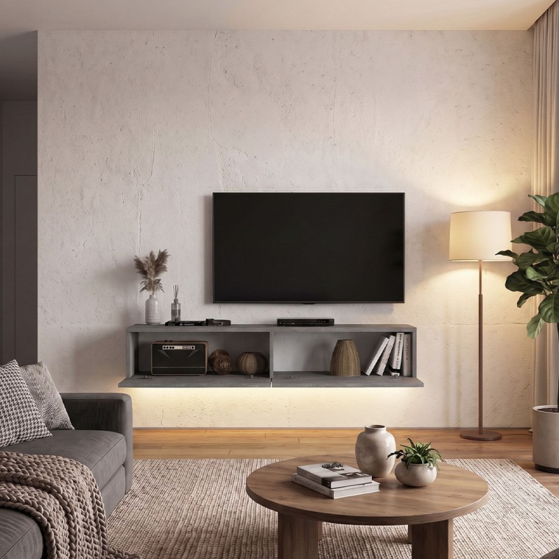 Aristo Megapap melamine wall TV cabinet with LED lighting in concrete grey color 135x31.6x25cm.