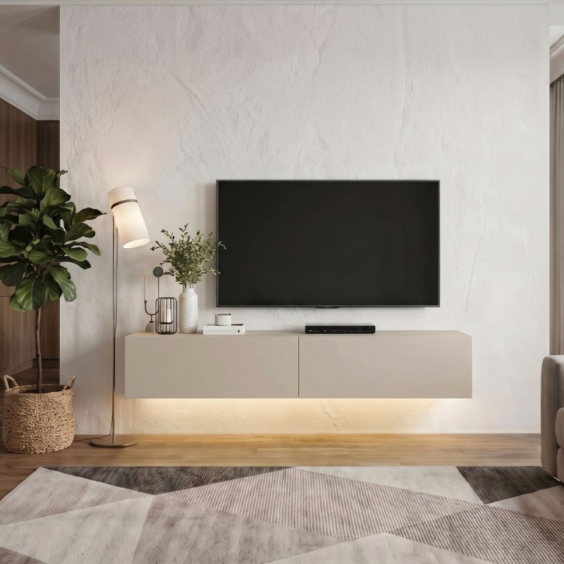 Aristo Megapap melamine wall TV cabinet with LED lighting in sandstone color 135x31.6x25cm.