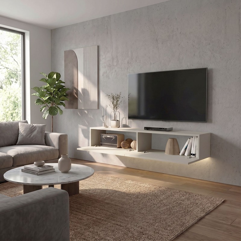 Aristo Megapap melamine wall TV cabinet with LED lighting in sandstone color 135x31.6x25cm.