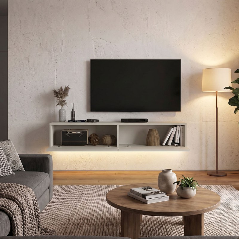 Aristo Megapap melamine wall TV cabinet with LED lighting in sandstone color 135x31.6x25cm.