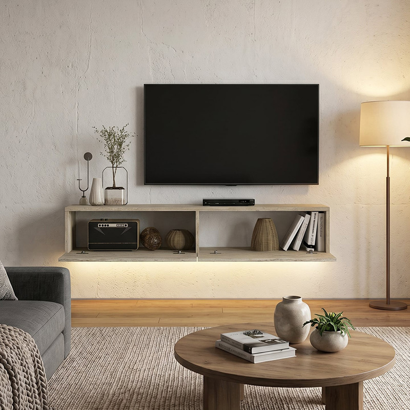 Aristo Megapap melamine wall TV cabinet with LED lighting in travertine color 135x31.6x25cm.