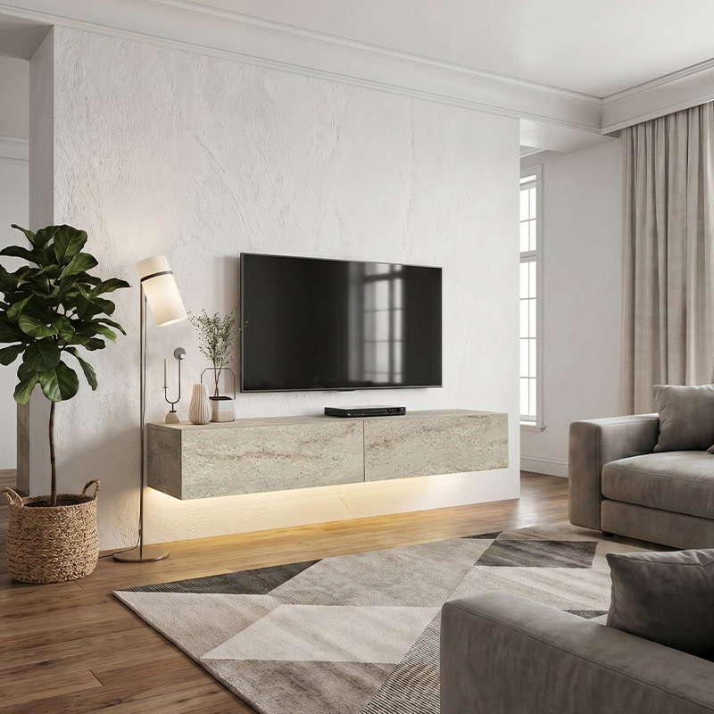 Aristo Megapap melamine wall TV cabinet with LED lighting in travertine color 135x31.6x25cm.