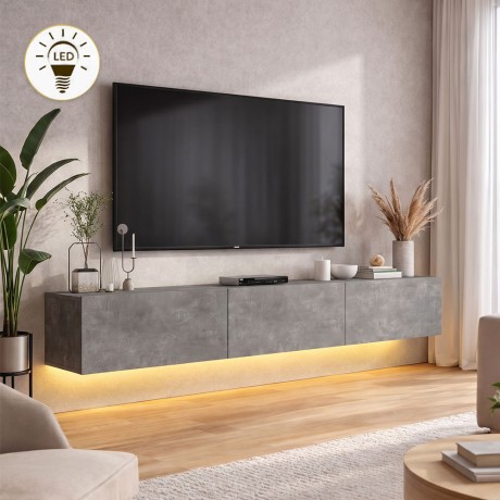 Έπιπλο τηλεόρασης επιτοίχιο Damla Megapap με LED χρώμα γκρι σκυροδέματος 180x29,5x29,5εκ.