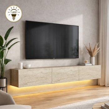 Damla Megapap melamine wall TV cabinet with LED lighting in travertine color 180x29.5x29.5cm.