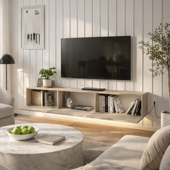 Damla Megapap melamine wall TV cabinet with LED lighting in travertine color 180x29.5x29.5cm.