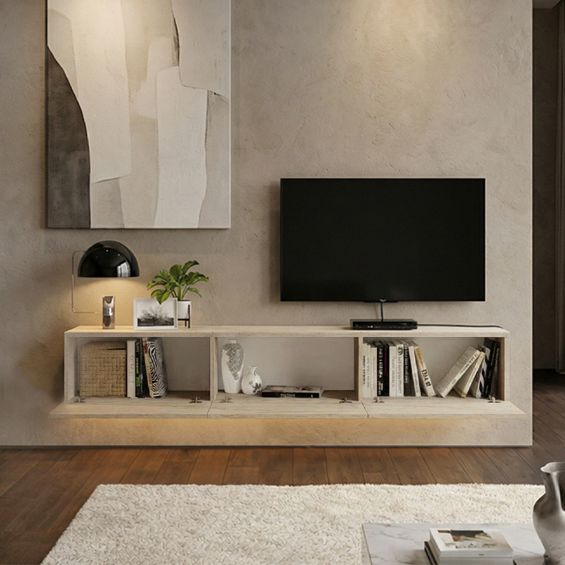 Damla Megapap melamine wall TV cabinet with LED lighting in travertine color 180x29.5x29.5cm.