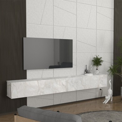 Espanse Megapap melamine wall TV furniture in white marble effect color 241.8x31.7x30cm.