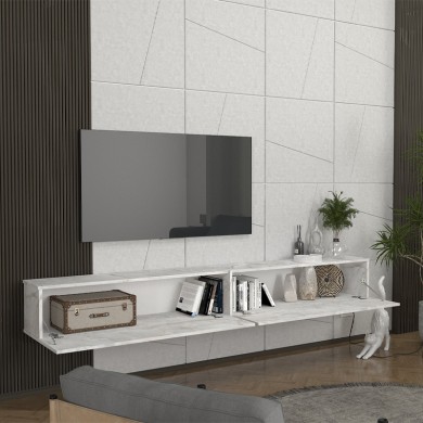 Espanse Megapap melamine wall TV furniture in white marble effect color 241.8x31.7x30cm.