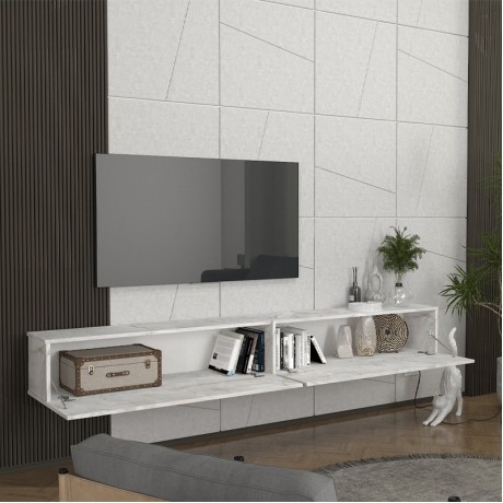 Espanse Megapap melamine wall TV furniture in white marble effect color 241.8x31.7x30cm.