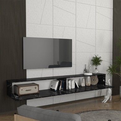 Espanse Megapap melamine wall TV furniture in black marble effect color 241.8x31.7x30cm.
