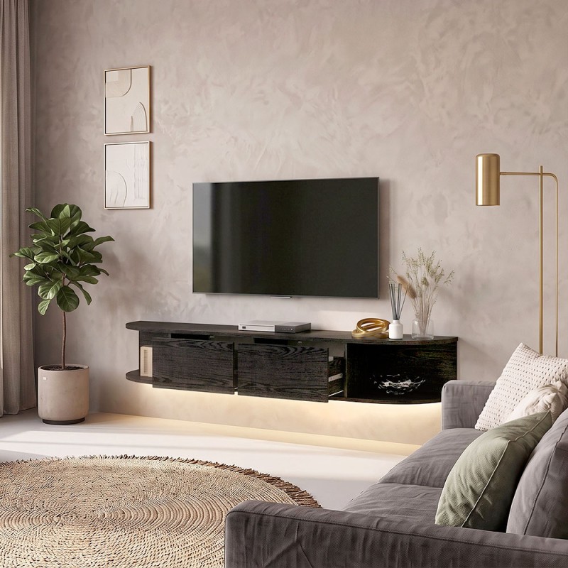 Έπιπλο τηλεόρασης επιτοίχιο Korven Megapap με LED χρώμα sencron black 180x35x28,8εκ.