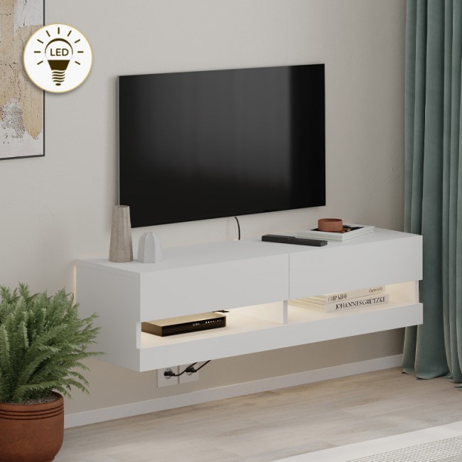 Moon Megapap melamine wall mounted tv stand with Led in white color 120x33.8x30cm.