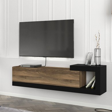 Volare Megapap melamine wall TV cabinet  in walnut - black color 150x29,6x38,6cm.