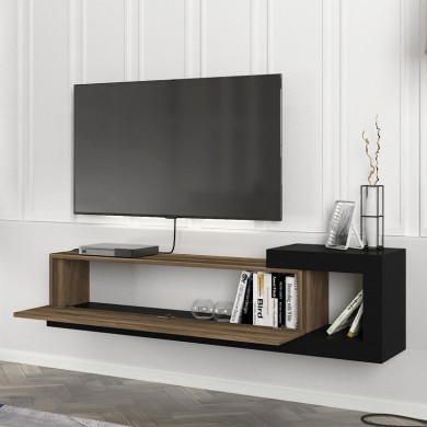 Volare Megapap melamine wall TV cabinet  in walnut - black color 150x29,6x38,6cm.