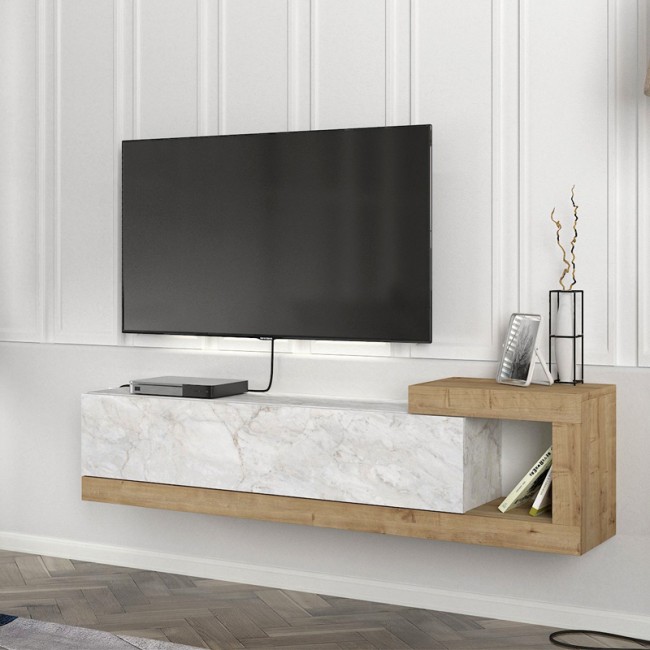 Volare Megapap melamine wall TV cabinet  in white marble - sapphire oak color 150x29,6x38,6cm.