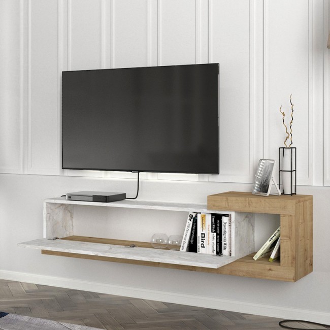 Volare Megapap melamine wall TV cabinet  in white marble - sapphire oak color 150x29,6x38,6cm.