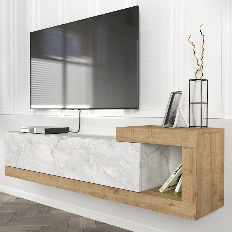 Volare Megapap melamine wall TV cabinet  in white marble - sapphire oak color 150x29,6x38,6cm.
