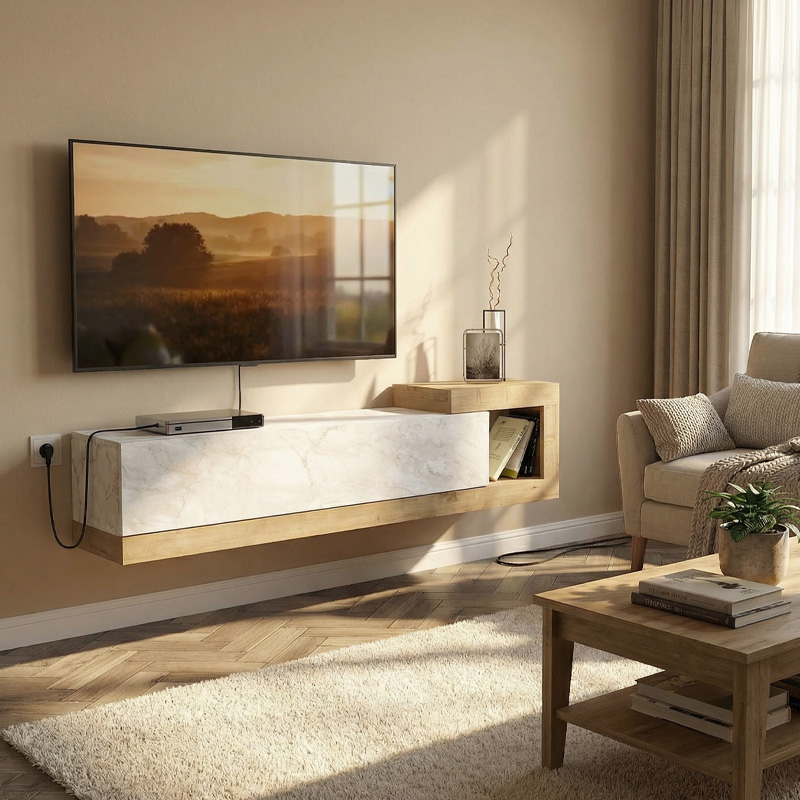 Volare Megapap melamine wall TV cabinet  in white marble - sapphire oak color 150x29,6x38,6cm.