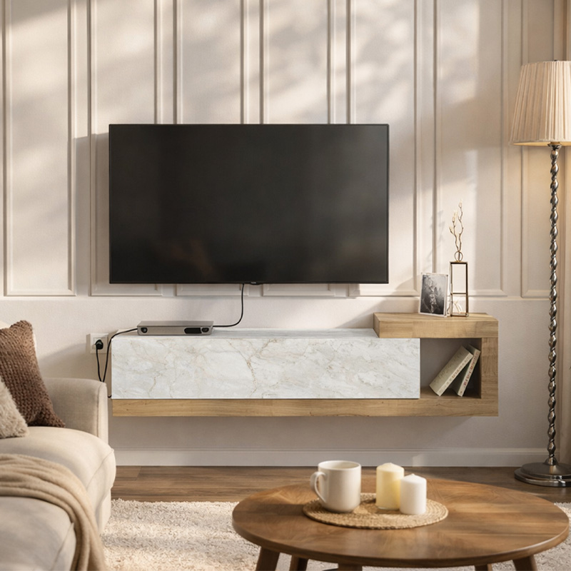 Volare Megapap melamine wall TV cabinet  in white marble - sapphire oak color 150x29,6x38,6cm.