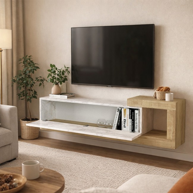Volare Megapap melamine wall TV cabinet  in white marble - sapphire oak color 150x29,6x38,6cm.