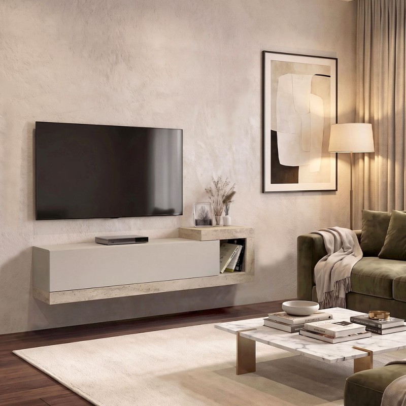 Έπιπλο τηλεόρασης επιτοίχιο Volare Megapap χρώμα sandstone - travertine 150x29,6x38,6εκ.